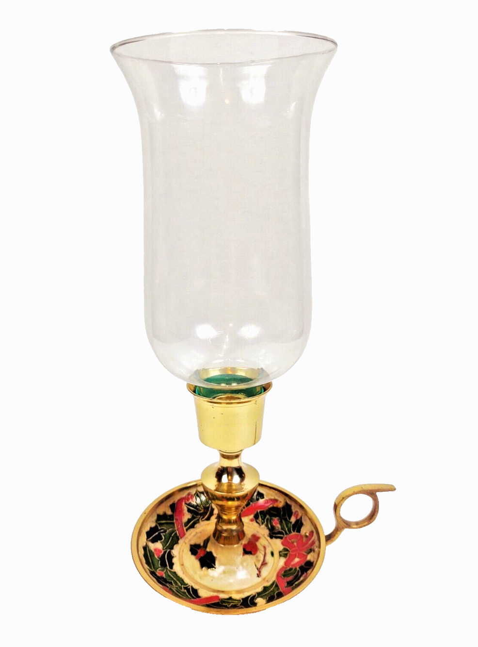 Vintage Brass Chamber Candlestick Holder Painted Enamel Holly Berry Glass Globe